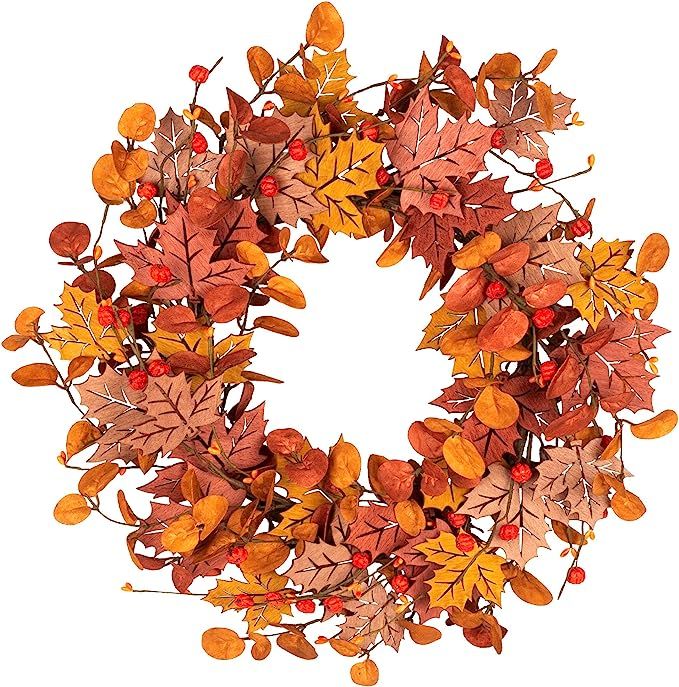 VGIA 18 Inch Fall Wreath Front Door Wreath Autumn Wreath with Wood Maple Leaves Autumn Decorati... | Amazon (US)
