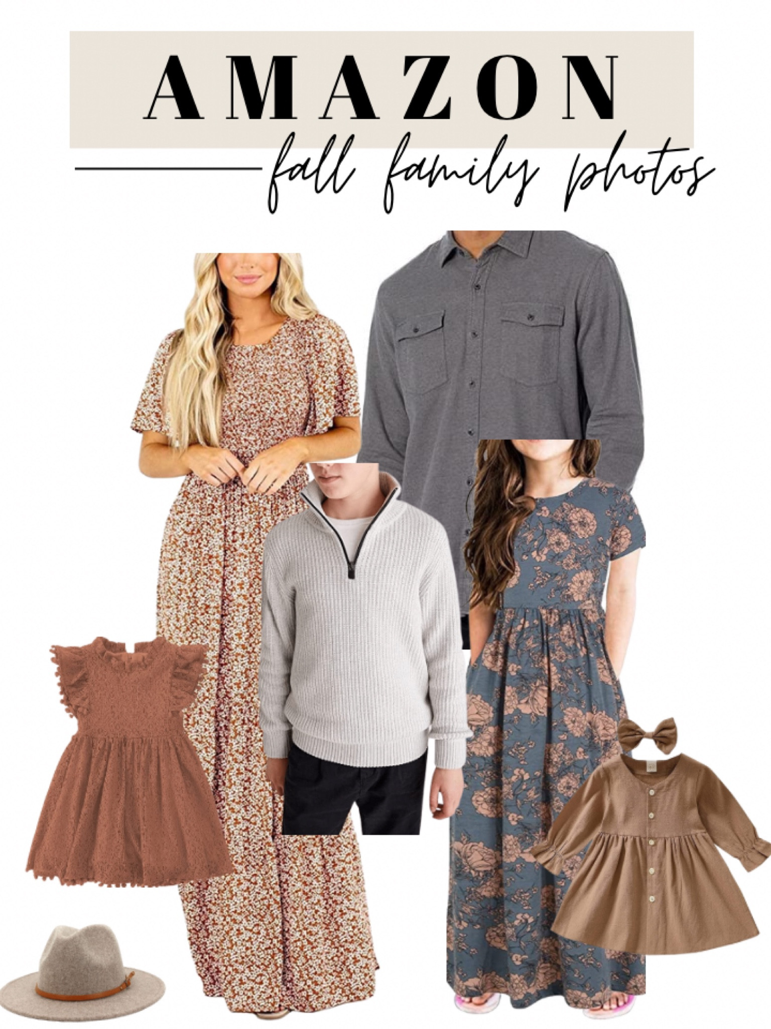 Amazon fall family photo outfits for mom, dad and kids. Neutral color scheme of grey, tan, grey, brown and rust 🍁 

*dress for family photos, mens button down shirt, toddler girl, boy quarter zip sweater 

#LTKfamily #LTKkids #LTKstyletip
