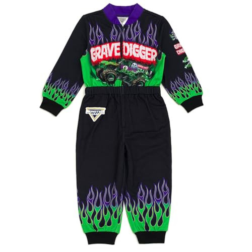 Monster Jam Grave Digger Toddler Boys French Terry Racing Zip Up Coverall Black/Purple 3T | Amazon (US)
