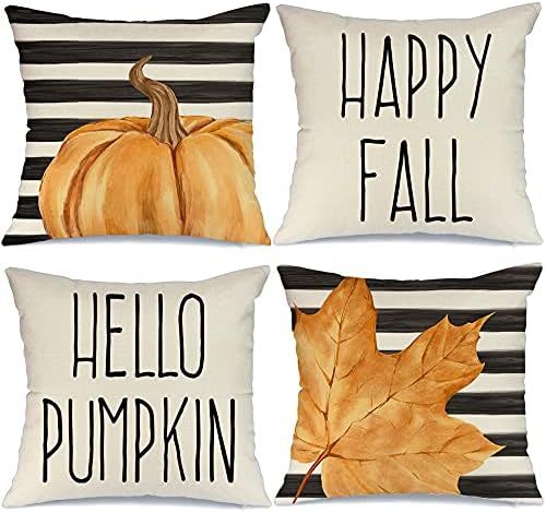 AENEY Fall Decor Pillow Covers 18x18 inch Set of 4 Stripes Pumpkin Maple Leaf Happy Fall Outdoor ... | Amazon (US)
