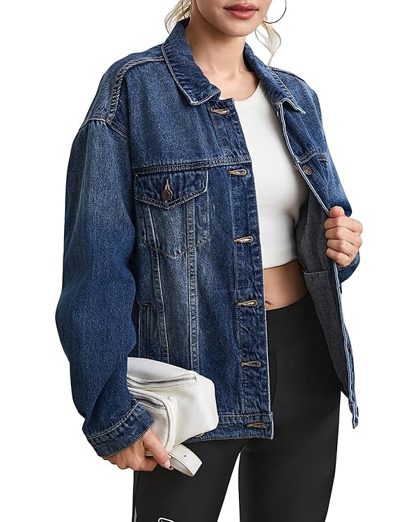 Cantonwalker Women's Oversize Vintage Washed Boyfriend Denim Jacket Long Sleeve Classic Loose Jea... | Amazon (US)
