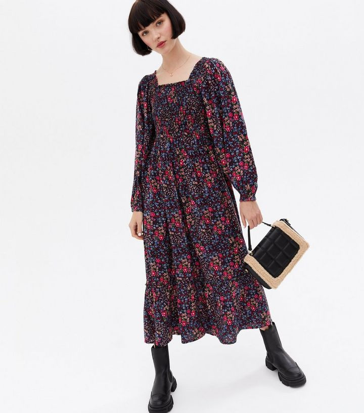 Blue Floral Shirred Square Neck Midi Dress
						
						Add to Saved Items
						Remove from Save... | New Look (UK)