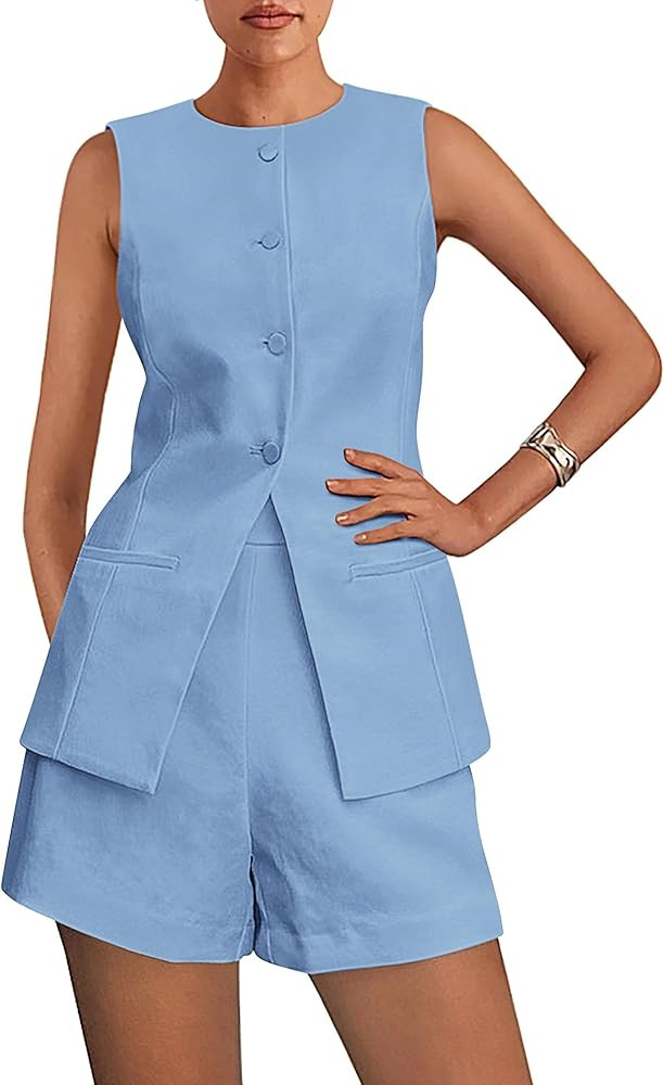PRETTYGARDEN Women's 2 Piece Sets 2025 Summer Trendy Button Down Suit Vest Tops High Waisted Shor... | Amazon (US)