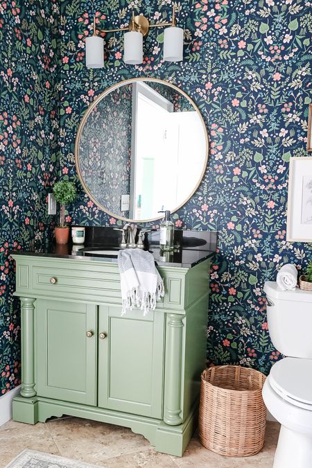 Teen girl bathroom with blue floral wallpaper and green vanity with round brass mirror. Target home decor. Rifle paper Co, Amazon home 

#LTKSeasonal #LTKhome