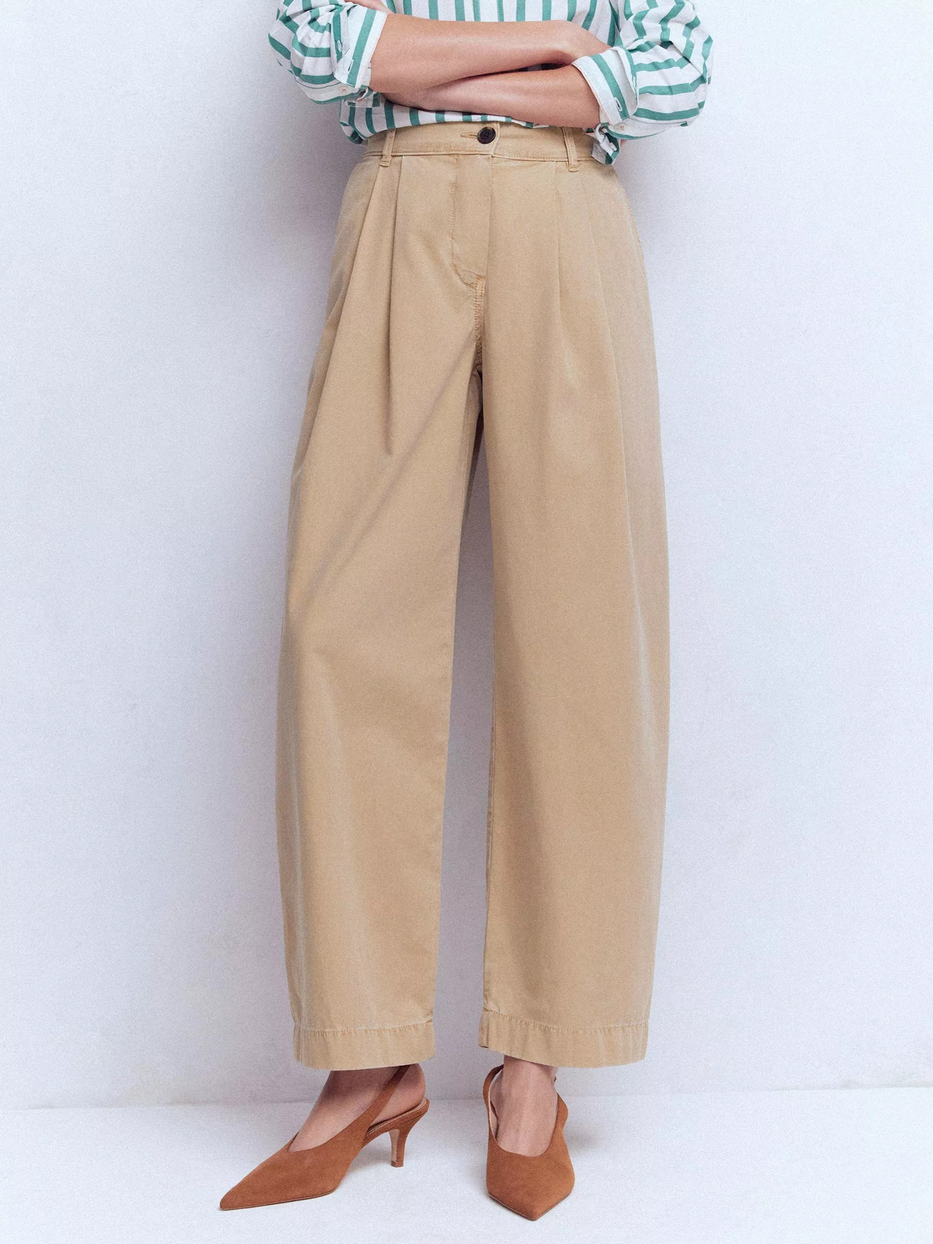 Boden Pleat Barrel Leg Trousers, Stone | John Lewis (UK)