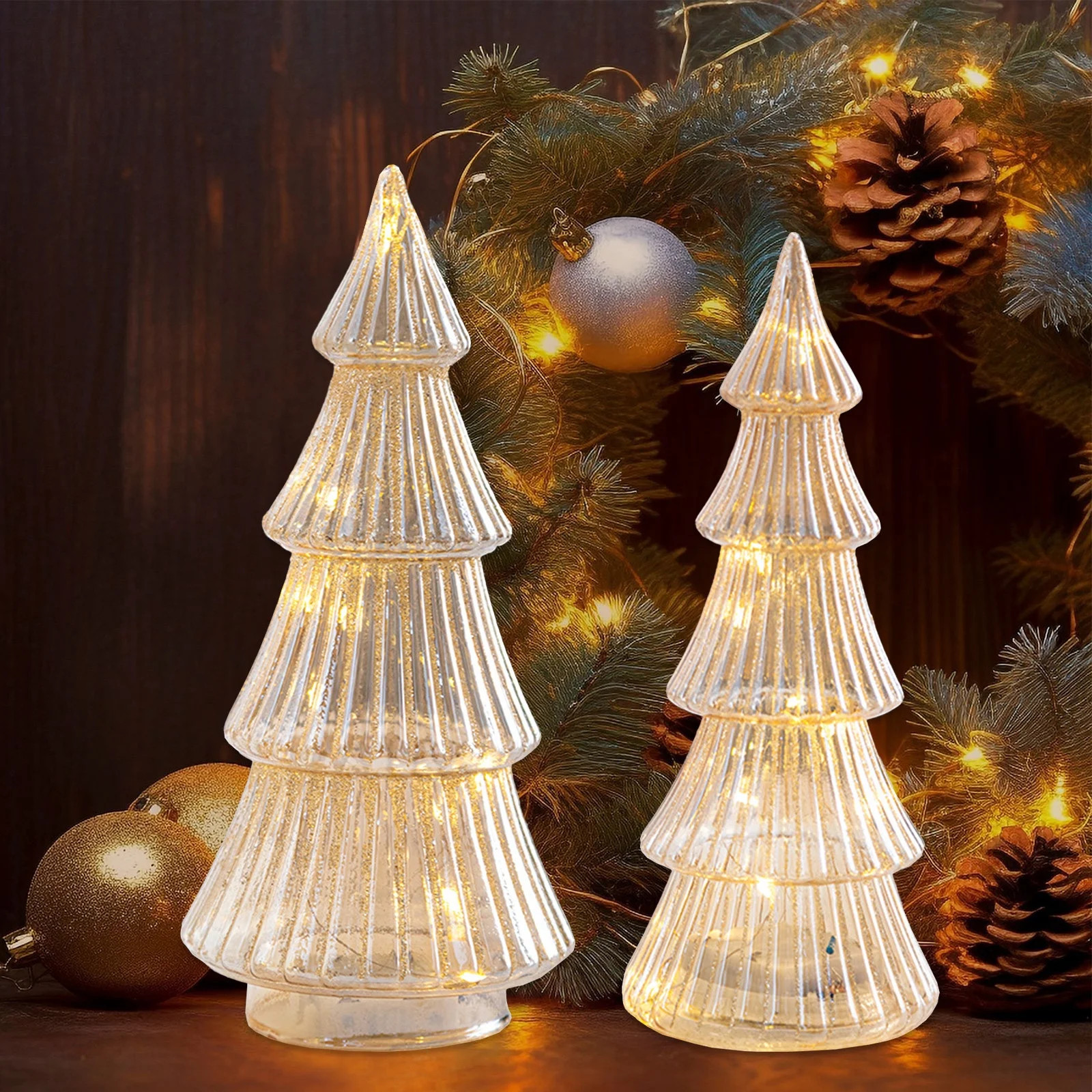 Gold Lighted Glass Christmas Trees, Small Tabletop Xmas Tree Decorations, Glass Christmas Tree Ba... | Walmart (US)
