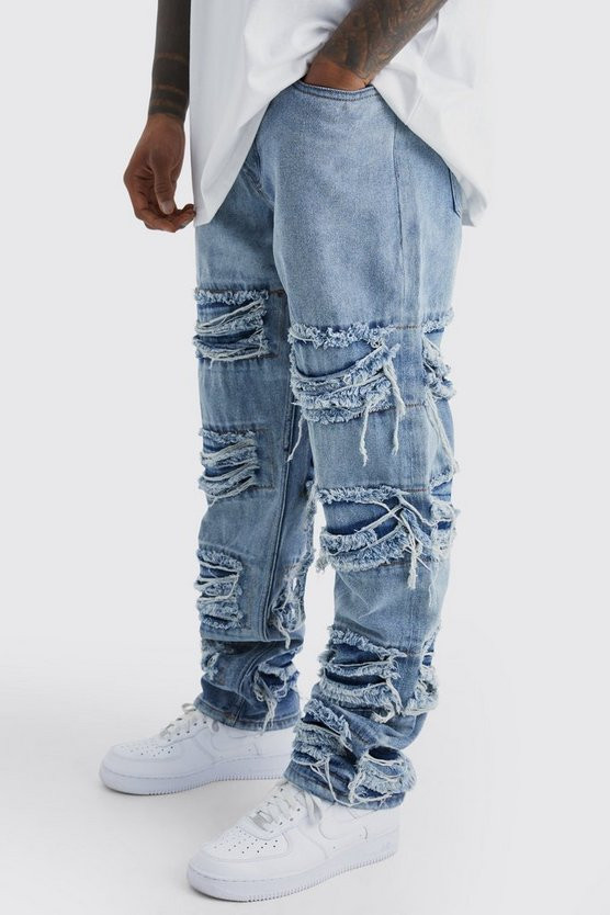 Relaxed Fit All Over Frayed Panel Jeans | boohooMAN (US & Canada)