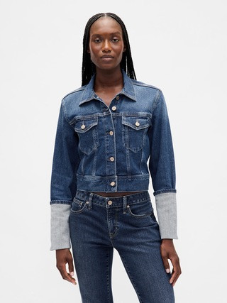 Pin-Cuff Crop Icon Denim Jacket | Gap (US)