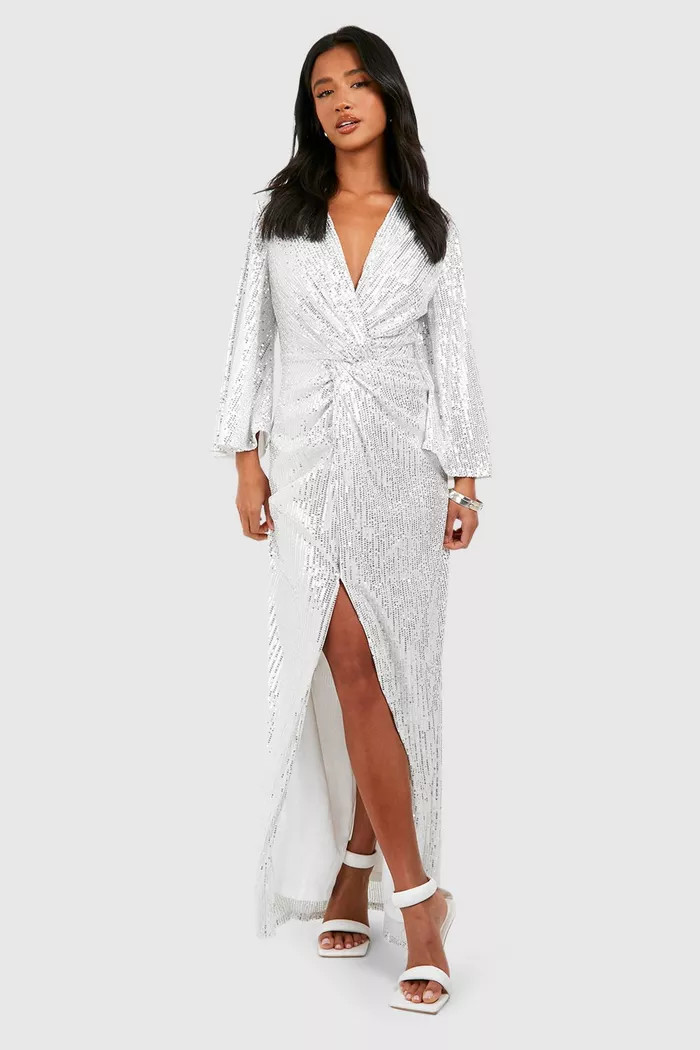 Petite Sequin Knot Front Angel Sleeve Maxi Dress | Boohoo.com (UK & IE)