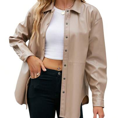 WhizMax Women's PU Leather Jacket Shacket Button Down Lapel Blazer Coat With Bust Pocket | SHEIN