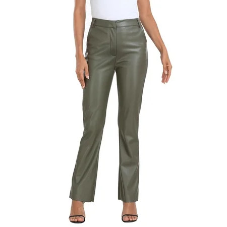HDE Women's Faux Leather Pants High Waisted Trousers with Pockets Olive Green - L | Walmart (US)