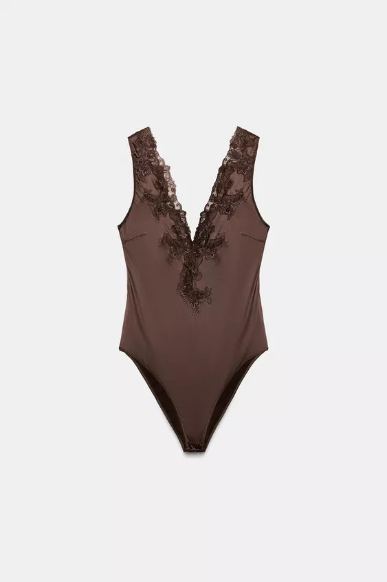 ZW COLLECTION SATIN BODYSUIT WITH LACE TRIM | Zara US