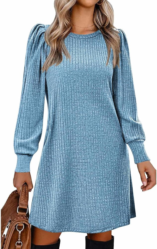 Zeagoo Women's Knit Dress with Puff Sleeves for Fall & Winter - Round Neck Casual Tunic Dress | Amazon (US)
