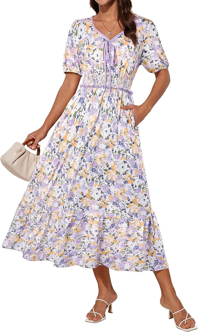 GRACE KARIN 2025 Women's Summer Floral Flowy A Line Midi Dresses Elegant Short Sleeve Smocked V-N... | Amazon (US)