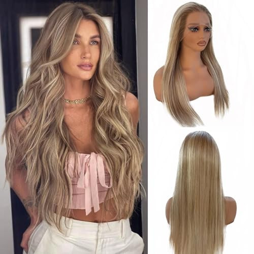 Upgrade - Highlight Straight Lace Front Wig human Hair Wig for Women,13*4 Lace Human Hair Wigs 100% Remy Virgin Hair Ombre Blonde HD Lace Wig,Pre Plucked with Baby Hair 150% Density (8/18/60) | Amazon (US)