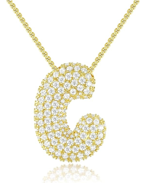 Bubble Letter Necklace - 18K Gold Plated Balloon Initial Necklaces for Women with 4A Zirconia, Ne... | Amazon (US)