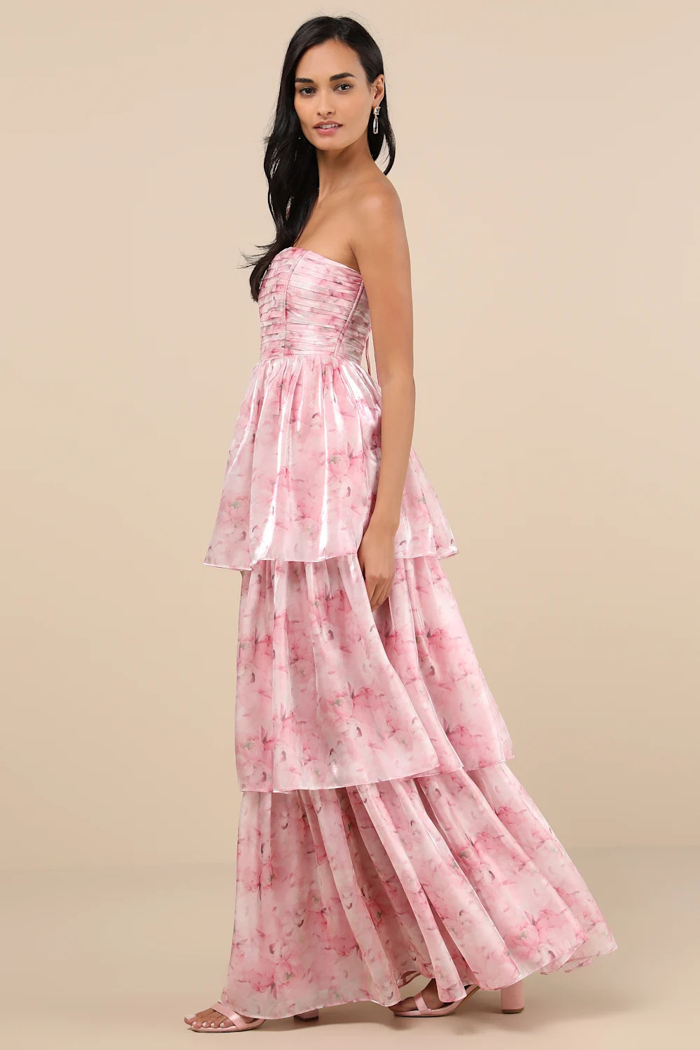 Kamella Light Pink Floral Pleated Strapless Tiered Maxi Dress | Lulus