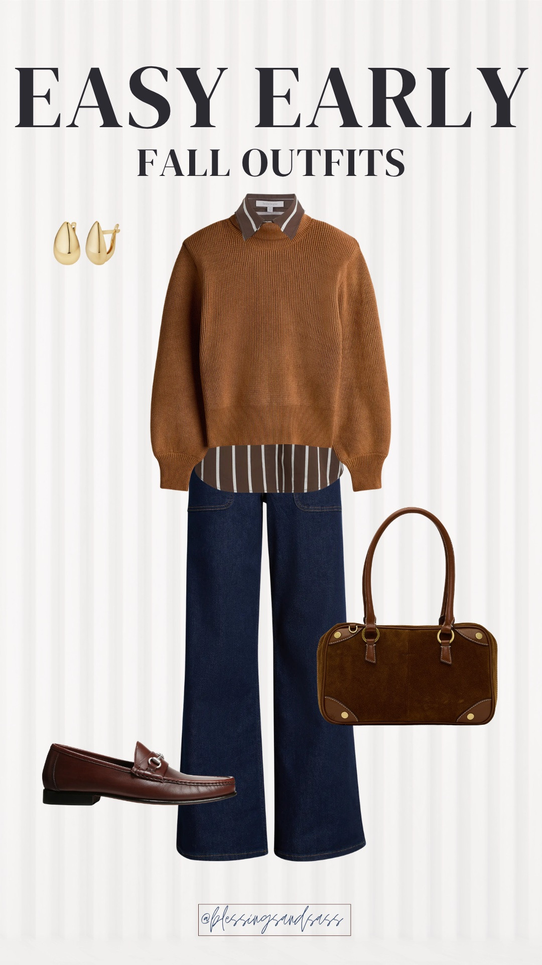 Such an easy outfit to start wearing now and carry into fall! I love the layered sweater and button-down with wide-leg jeans and classic loafers.✨

early fall outfit, layered outfit, wide leg jeans, fall sweater, loafers, casual fall style

#LTKSeasonal #LTKOver40