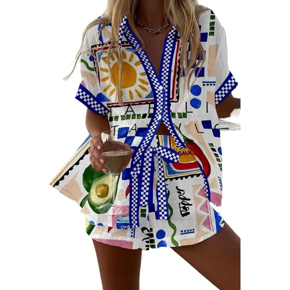 Women's Summer 2 Piece Set Pajama Button Down Graphic Print Blouse Top and Shorts Hawaiian Tropic... | Amazon (US)