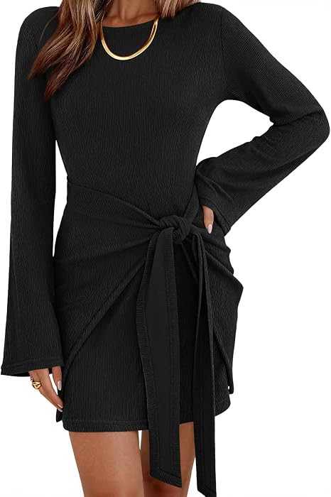 dowerme Women Bell Long Sleeve Tie Waist Bodycon Mini Dress | Amazon (US)