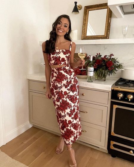 Kat JamIsson of With Love From Kat wears a formal outfit. Floral matching set, gold heels, holiday style, coin necklace. 

#LTKstyletip #LTKSeasonal #LTKHoliday