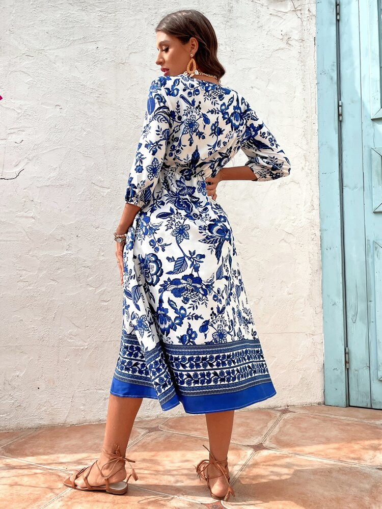 Floral Print Lantern Sleeve Fake Button Dress | SHEIN