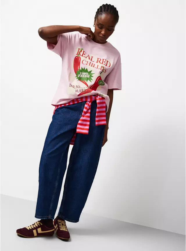 Pink Red Chillies Print Oversized Graphic T-Shirt XL | Tu Clothing