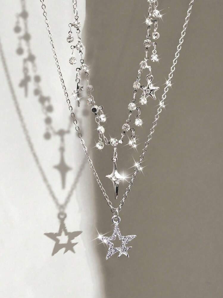 2pcs Rhinestone Star & Cross Tassel Pendant Necklaces, Bling Zirconia Gothic Delicate Y2K Layered Choker Necklaces For Women | SHEIN