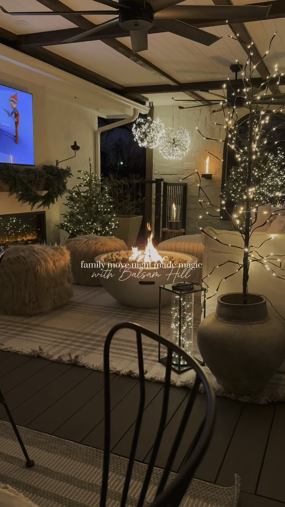 Made my deck outdoor space magical for family movie night!!! Isn’t it dreamy!? The twinkle trees from pottery barn have been on sale recently! Can be used indoor and outdoor! My electric fireplace is rated for covered outdoor use as well! The fur pouf ottomans bring all the cozy out. From Wayfair! #wayfair 

#LTKSeasonal #LTKHoliday #LTKWatchNow