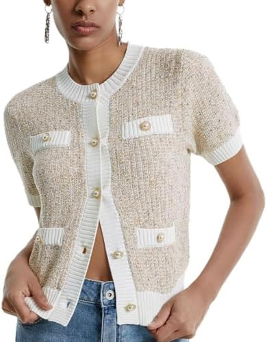 URBAN REVIVO Womens Short Sleeve Cardigans Tops Summer Button Up Work Cropped Sweater Shirts 2025 | Amazon (US)