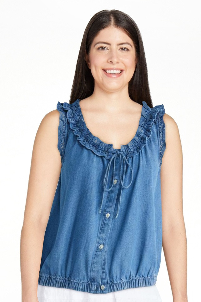 Free Assembly Eyelet Ruffle Sleeveless Chambray Top, Sizes XS-XL | Walmart (US)