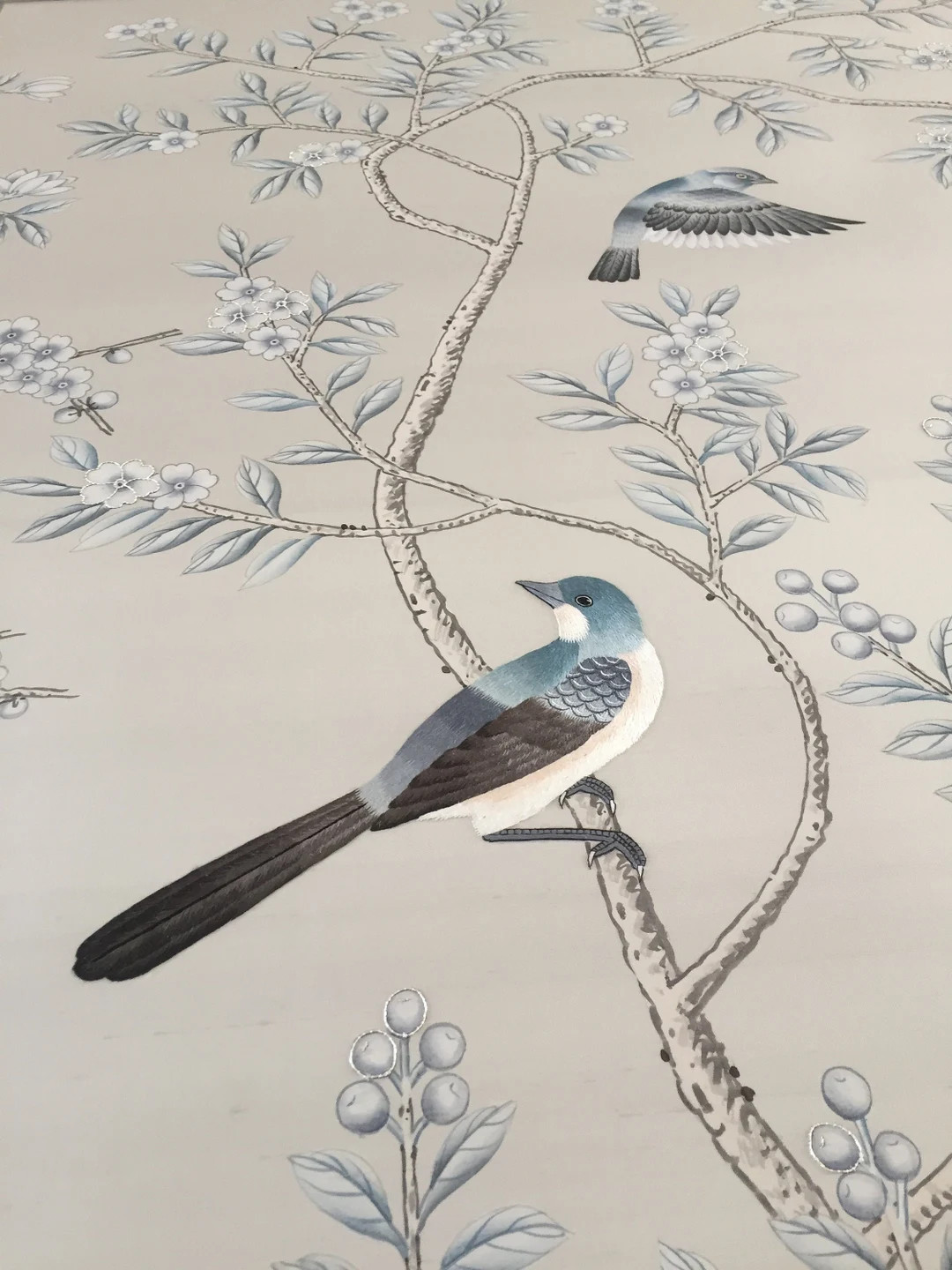 36" x 60" Chinoiserie Handpainted Wallpaper on Light Silver Grey Silk with Partial Hand Embroider... | Etsy (US)