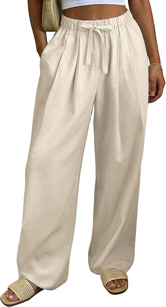 Bsubseach Women Linen Cotton Palazzo Pants Wide Leg Casual Elastic Waist Drawstring Flowy Loose P... | Amazon (US)