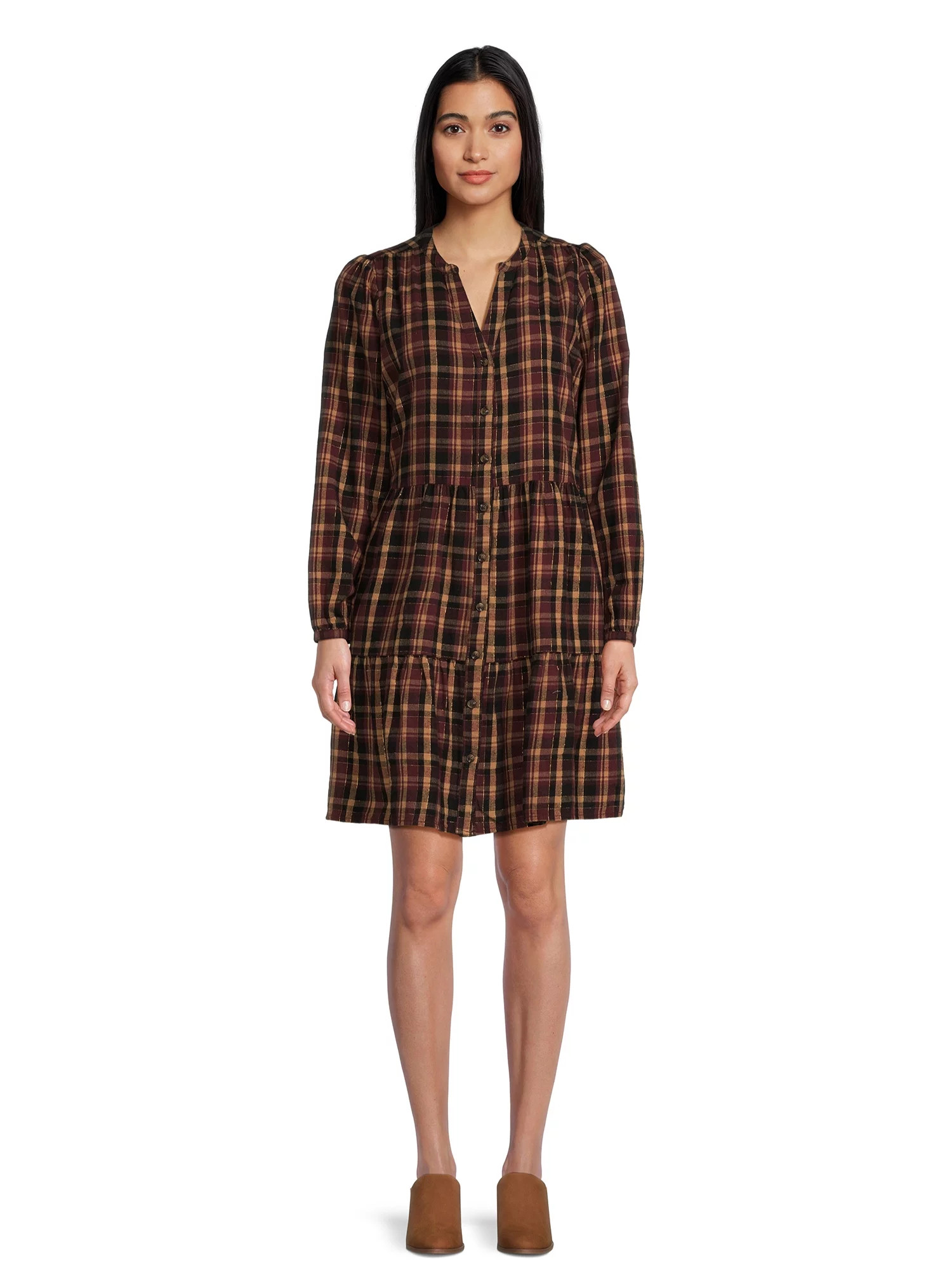 Time and Tru Women's Tiered Plaid Shirtdress with Puff Sleeves, Sizes XS-XXXL | Walmart (US)