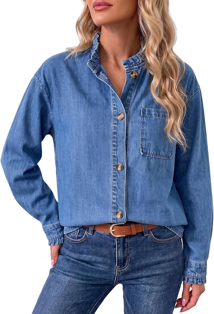Flowyair Womens Denim Shirt Casual Button Down Long Sleeve Open Front Ruffle Fall Jean Blouses To... | Amazon (US)