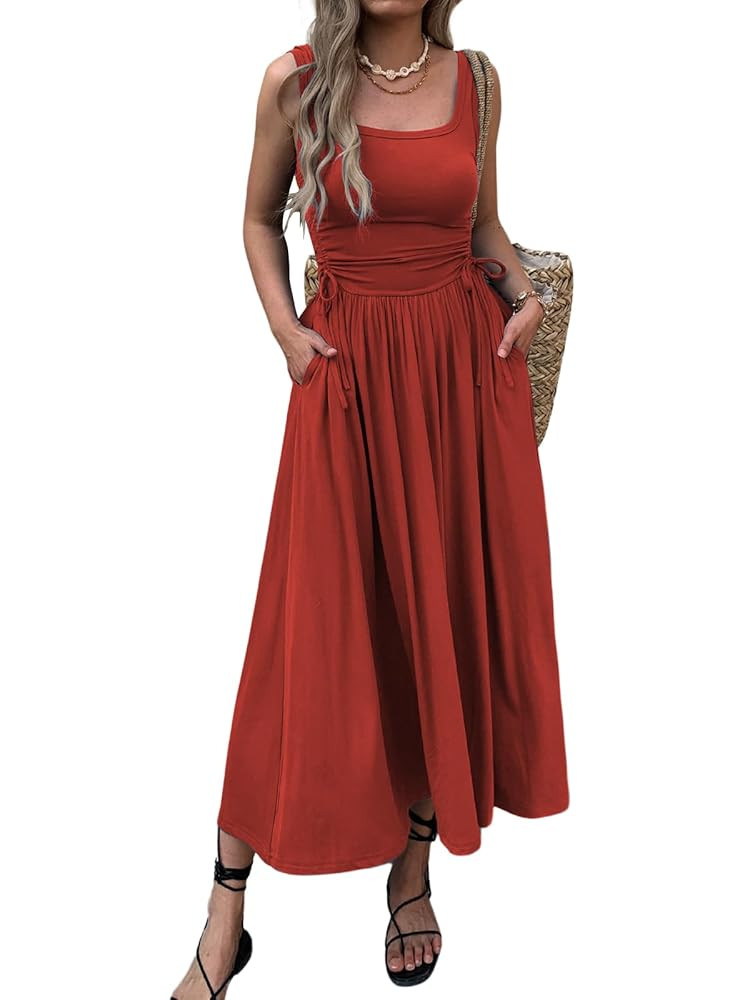 Women’s Boho Summer Maxi Dress with Pockets, Adjustable Waist, Sleeveless Casual Ruched Sundres... | Amazon (US)