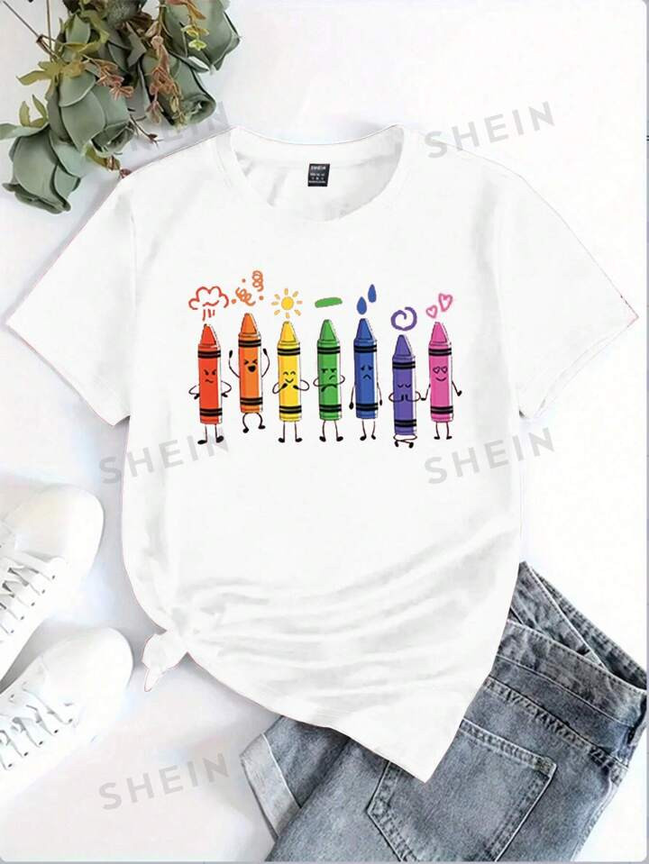 SHEIN LUNE Crayon Print Round Neck Short Sleeve T-Shirt | SHEIN