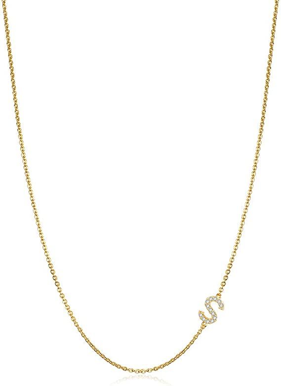 Hidepoo Sideways Initial Necklace for Women, 14k Gold Plated Dainty Cubic Zirconia Sideways Alphabet | Amazon (US)