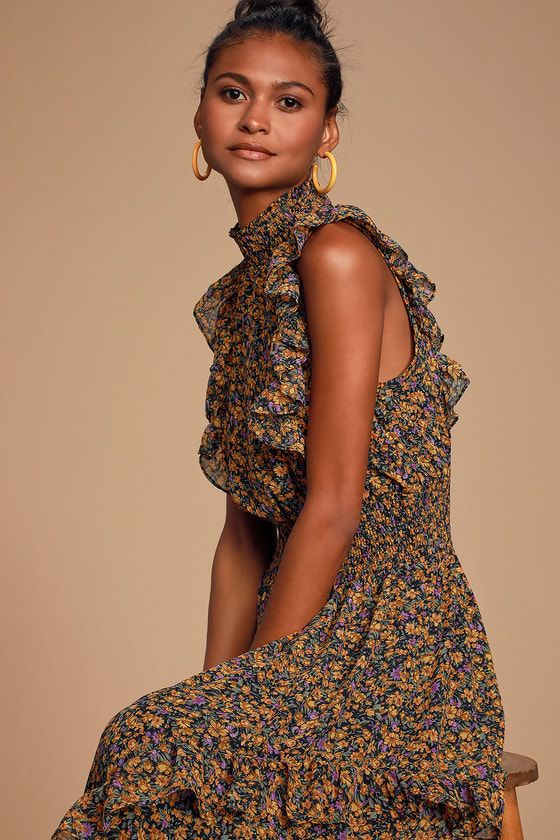 Evalina Mustard Yellow Floral Print Mock Neck Midi Dress | Lulus (US)