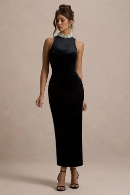 Audrine | Black Velvet Embellished High-Neck Maxi Dress | Club L London