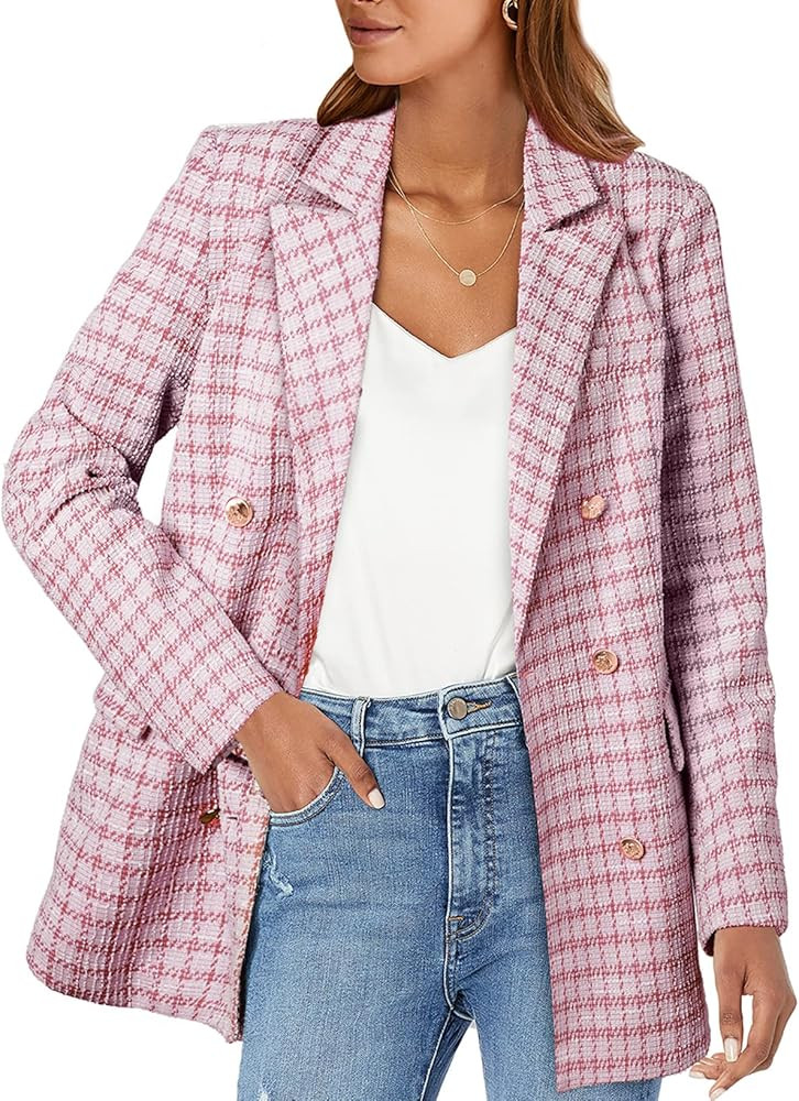Happy Sailed Womens Plaid Tweed Blazers Dressy Casual Long Sleeve Double Breasted Open Front Blaz... | Amazon (US)
