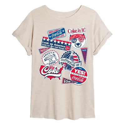 Women's Coca-Cola Coke USA Stickers Oversized Graphic T-Shirt - Birch - Medium | Target