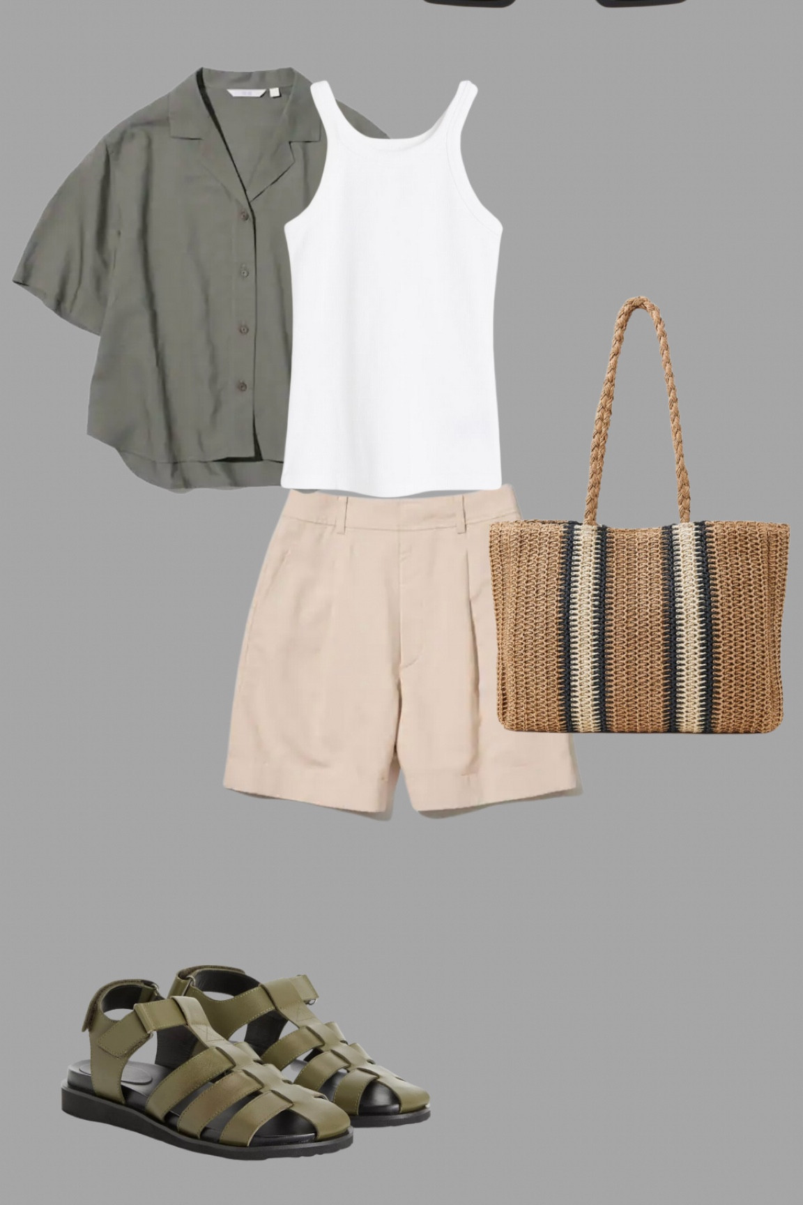 High waisted shorts, khaki linen shirt, a simple white vest and khaki fisherman sandals. 