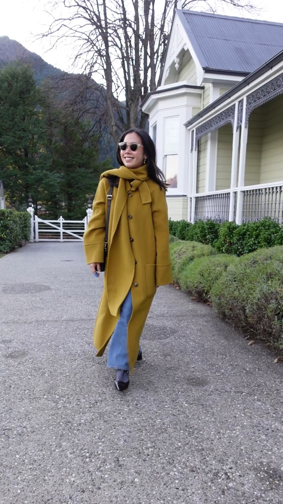 What I wore to dinner in Queenstown! Wearing a size FR 36 / US 4 / sz AU 8 in my Sezane mustard coat, size S in my Uniqlo Heattech, size 27 in my Henne jeans, shoes, bag, sunglasses linked too  

 #LTKaustralia #LTKwinter #LTKpetite