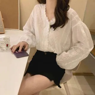 Lace V-Neck Long-Sleeve Blouse White - One Size | YesStyle Global