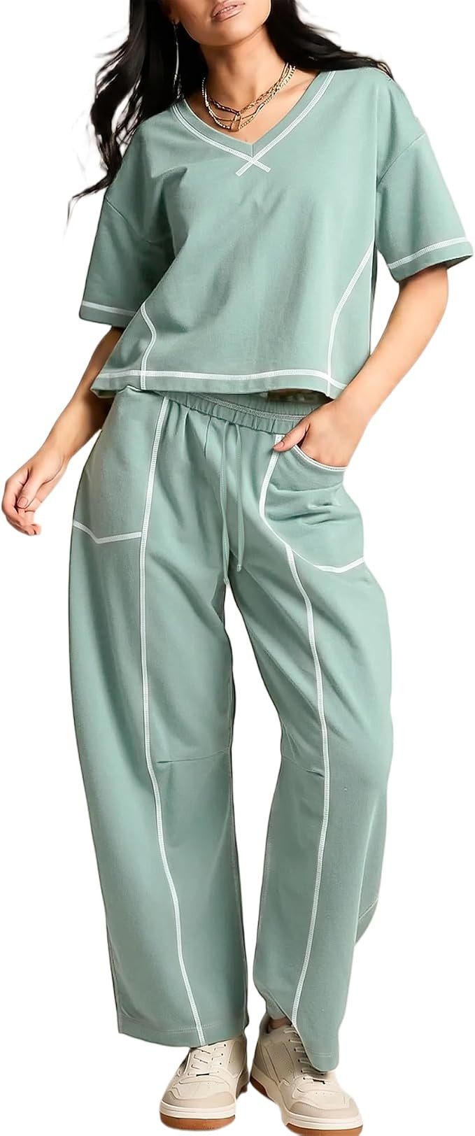 Hixiaohe Womens Sweatsuits 2 Piece Outfits Short Sleeve Crop Tops Wide Leg Barrel Pants Matching ... | Amazon (US)