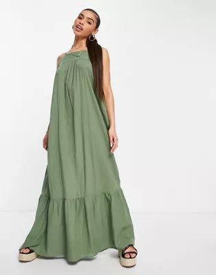 ASOS DESIGN low back tiered maxi dress in Khaki | ASOS (Global)