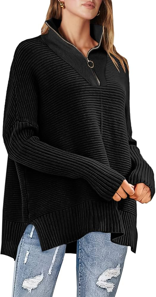 ANRABESS Womens 1/4 Zipper Long Sleeve V Neck Collar Casual Oversized Ribbed Knit Pullover Tunic ... | Amazon (US)