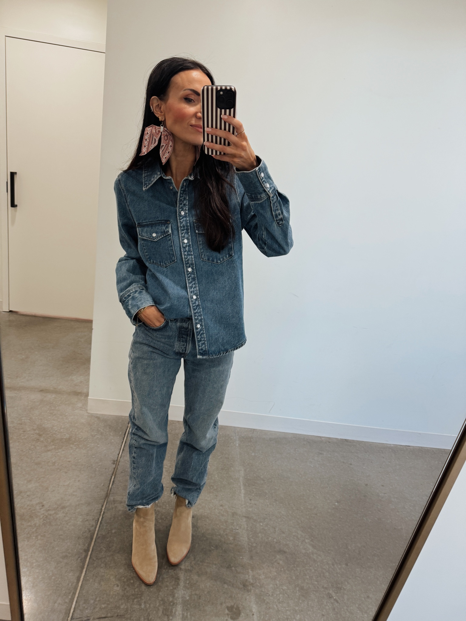 denim on denim with this H&M top and Pistola jeans. These bandana earrings from Nickel & Suede steal the show- under $40. 

 