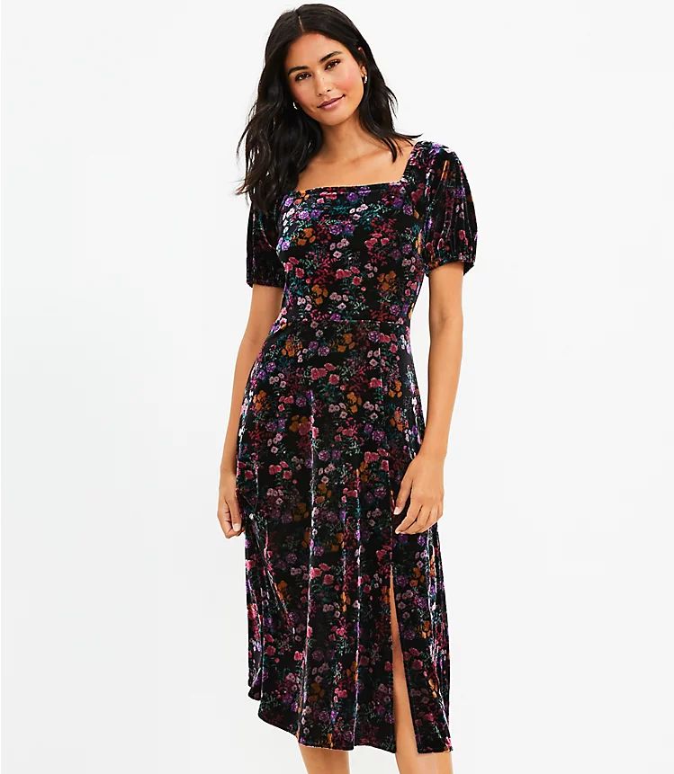 Floral Velvet Square Neck Midi Dress | LOFT